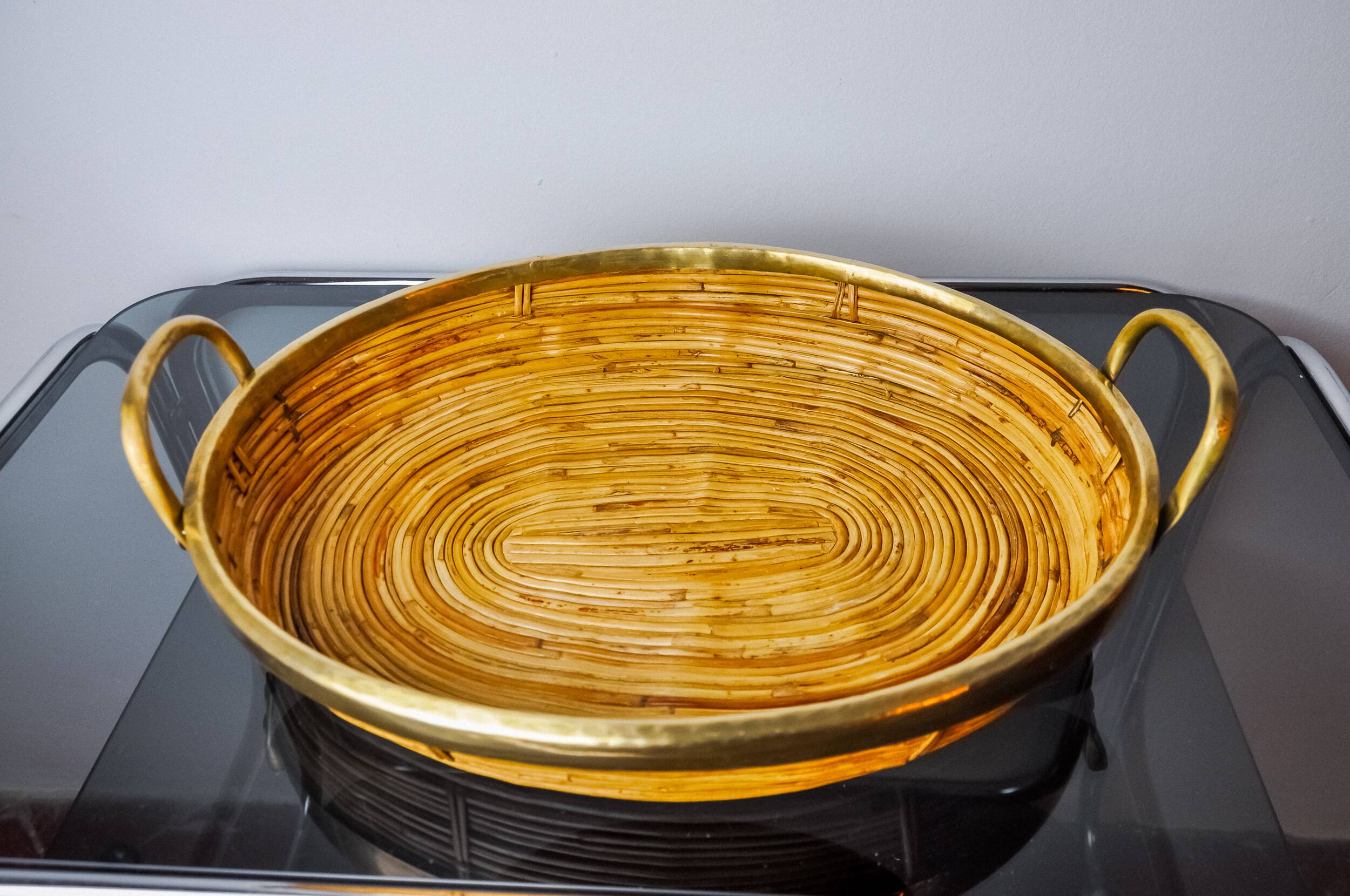 Rattan and brass tray, Italy, 1970