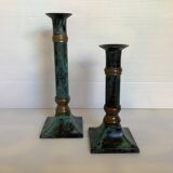 Pair of green patinated brass candlesticks