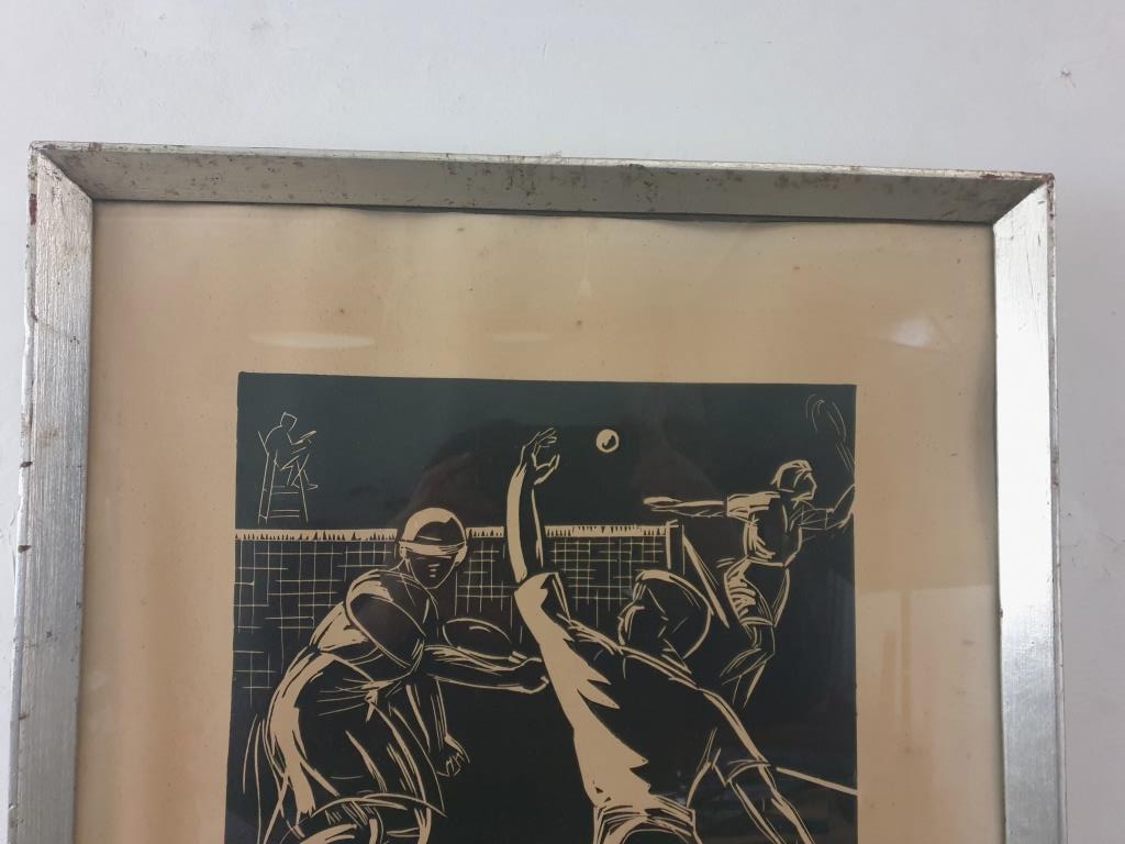 Vintage art deco tennis linocut