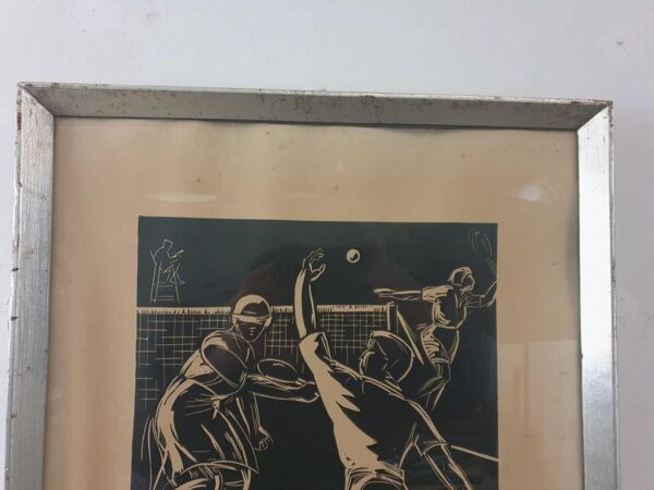 Linogravure tennis art déco vintage