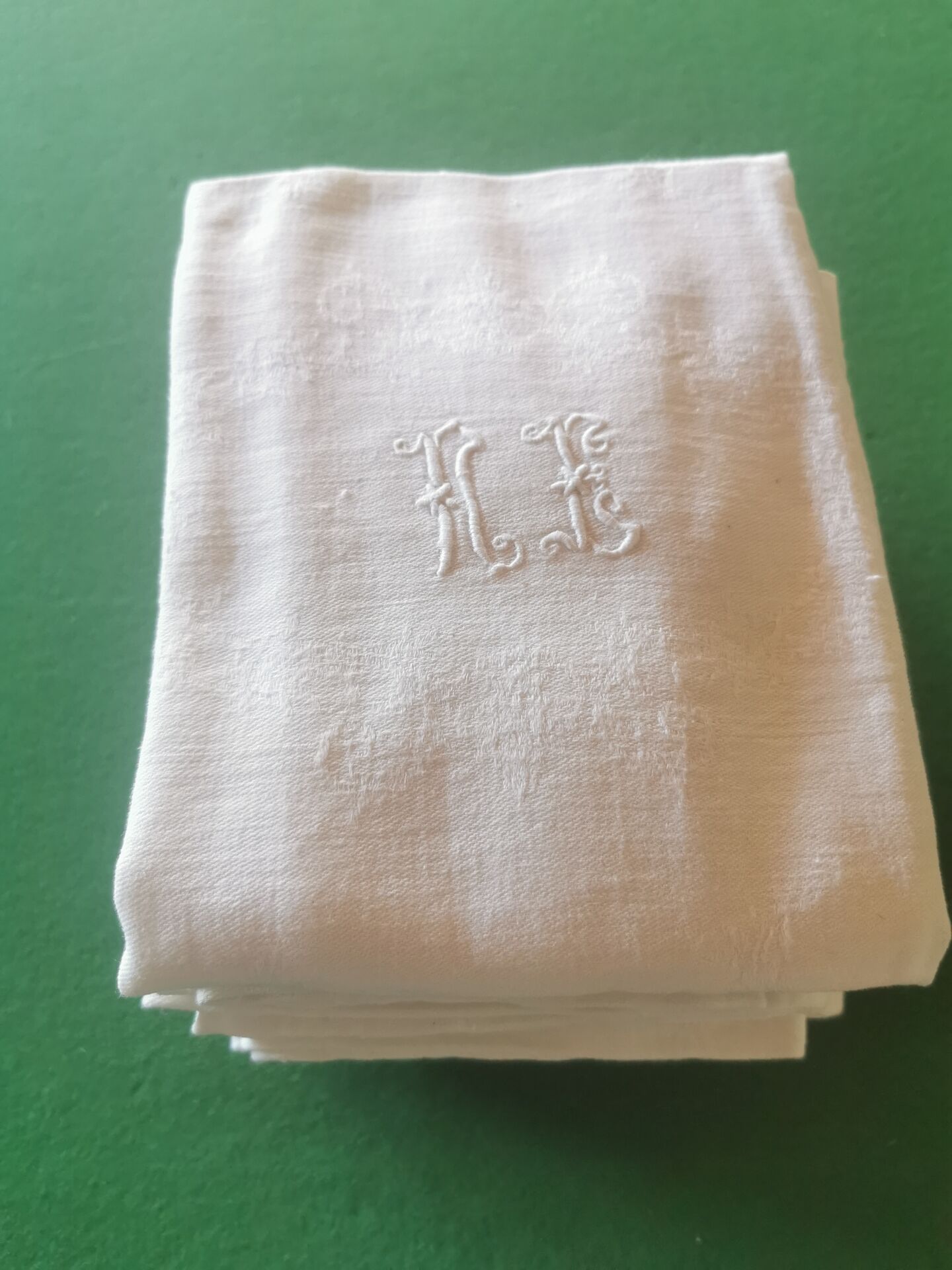12 old damask linen napkins with monogram, 60x74 cm