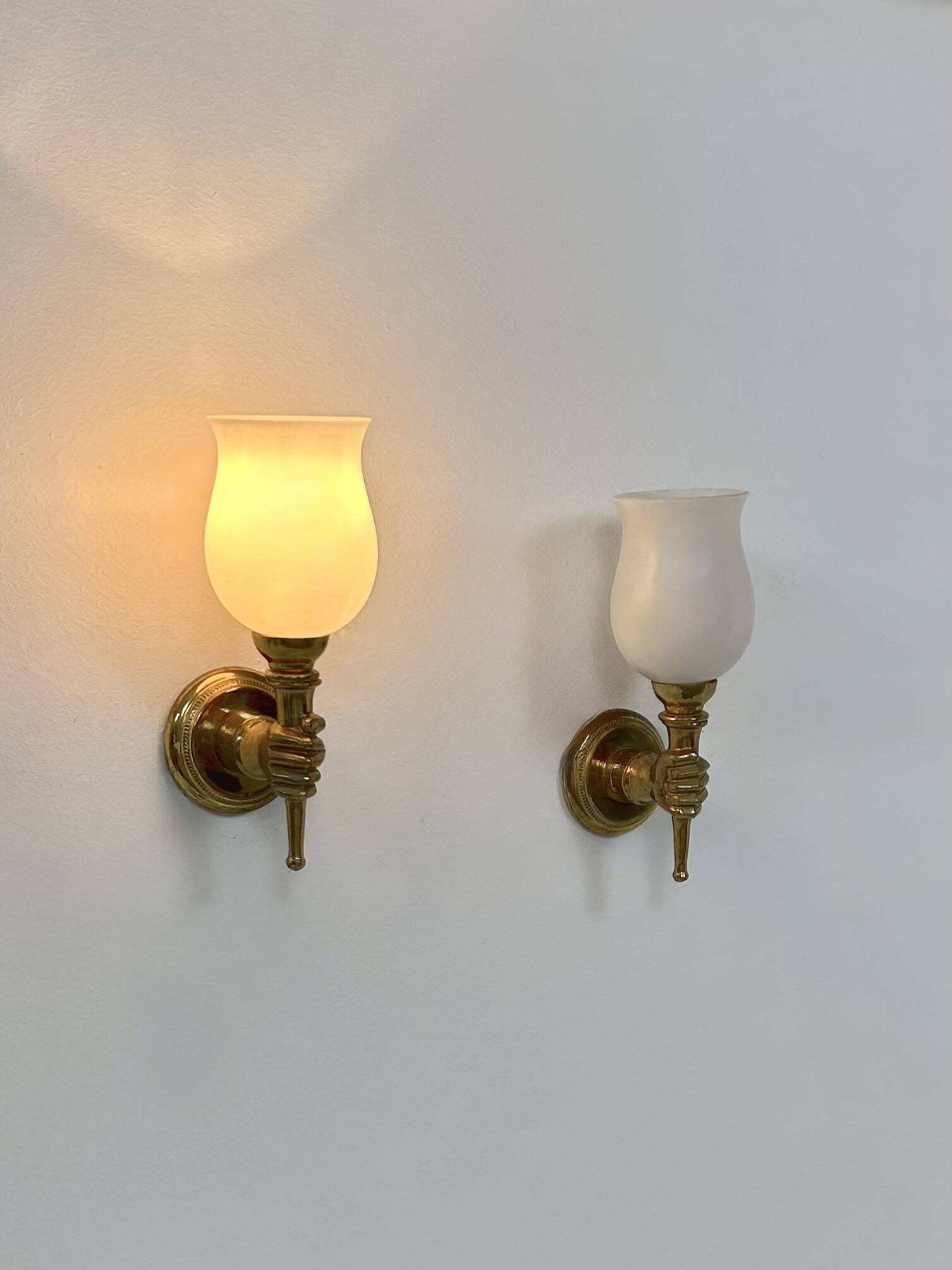 Pair of vintage wall lights, Maison Jansen, brass and opaline, France, 1960.