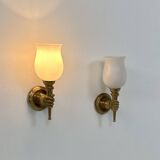 Pair of vintage wall lights, Maison Jansen, brass and opaline, France, 1960.