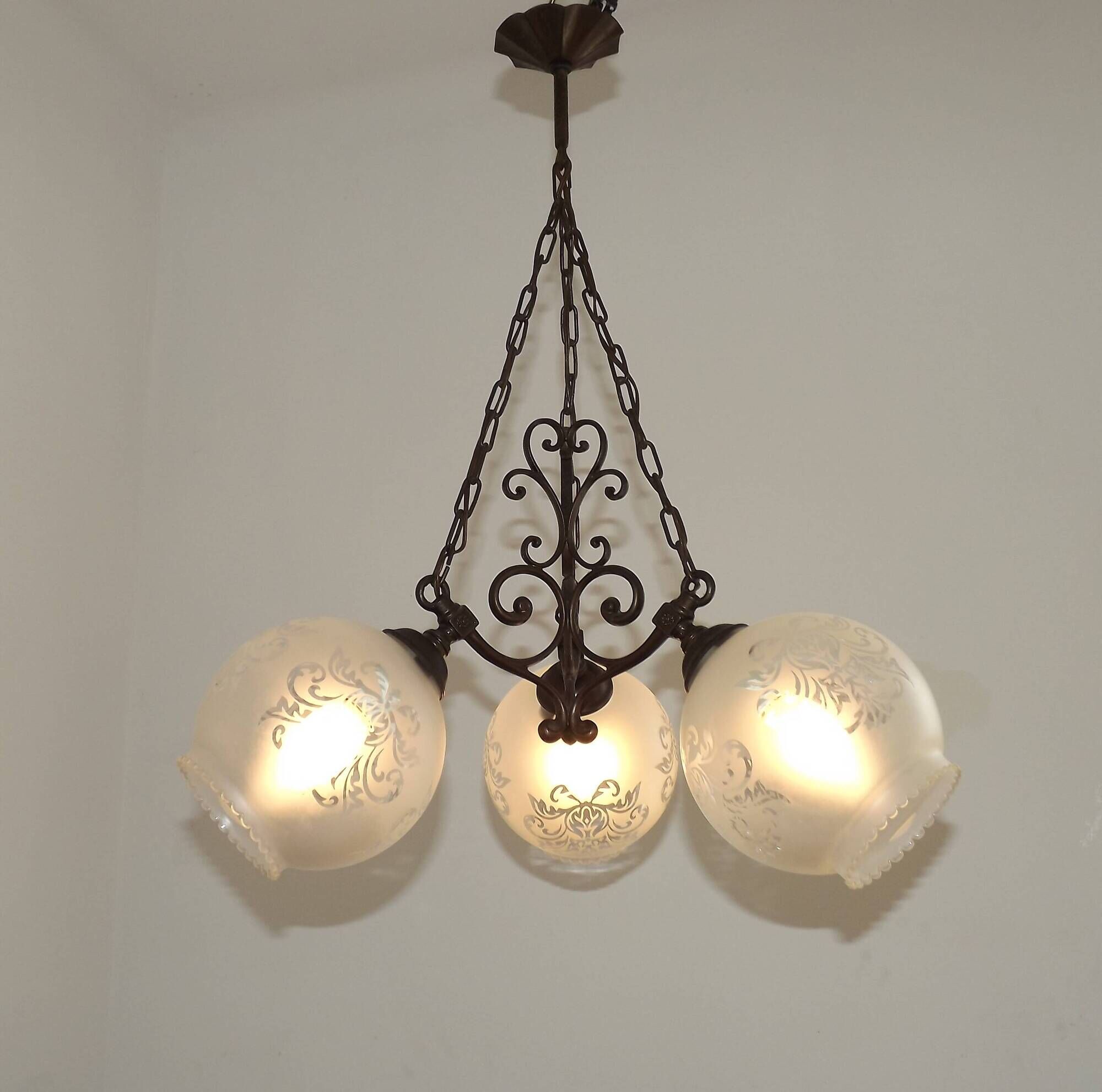 French Vintage 3 Light Bronze Effect Chandelier - Opaque Glass Ball Shades