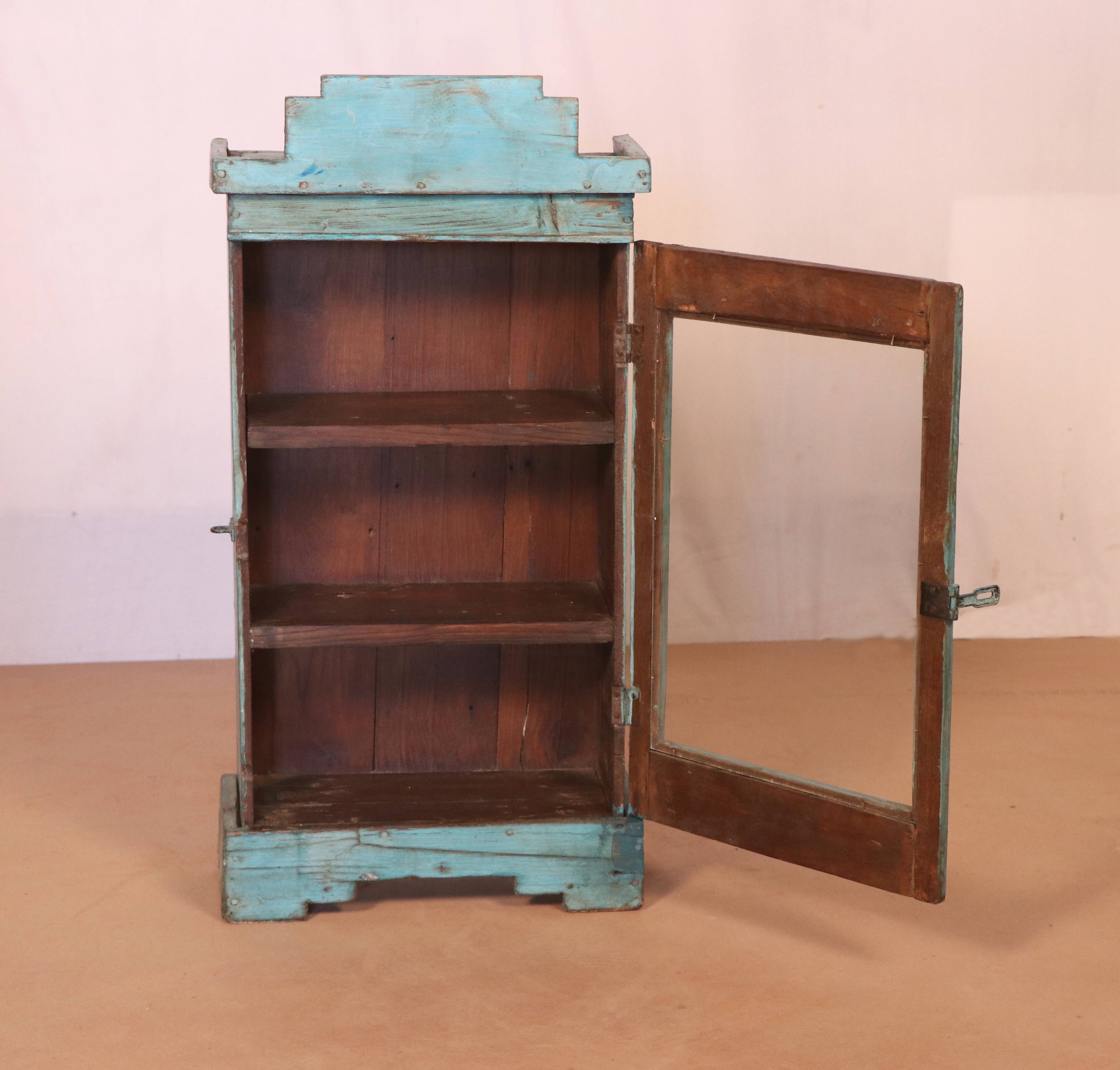 Old art deco wall display case in original blue teak burmese patina