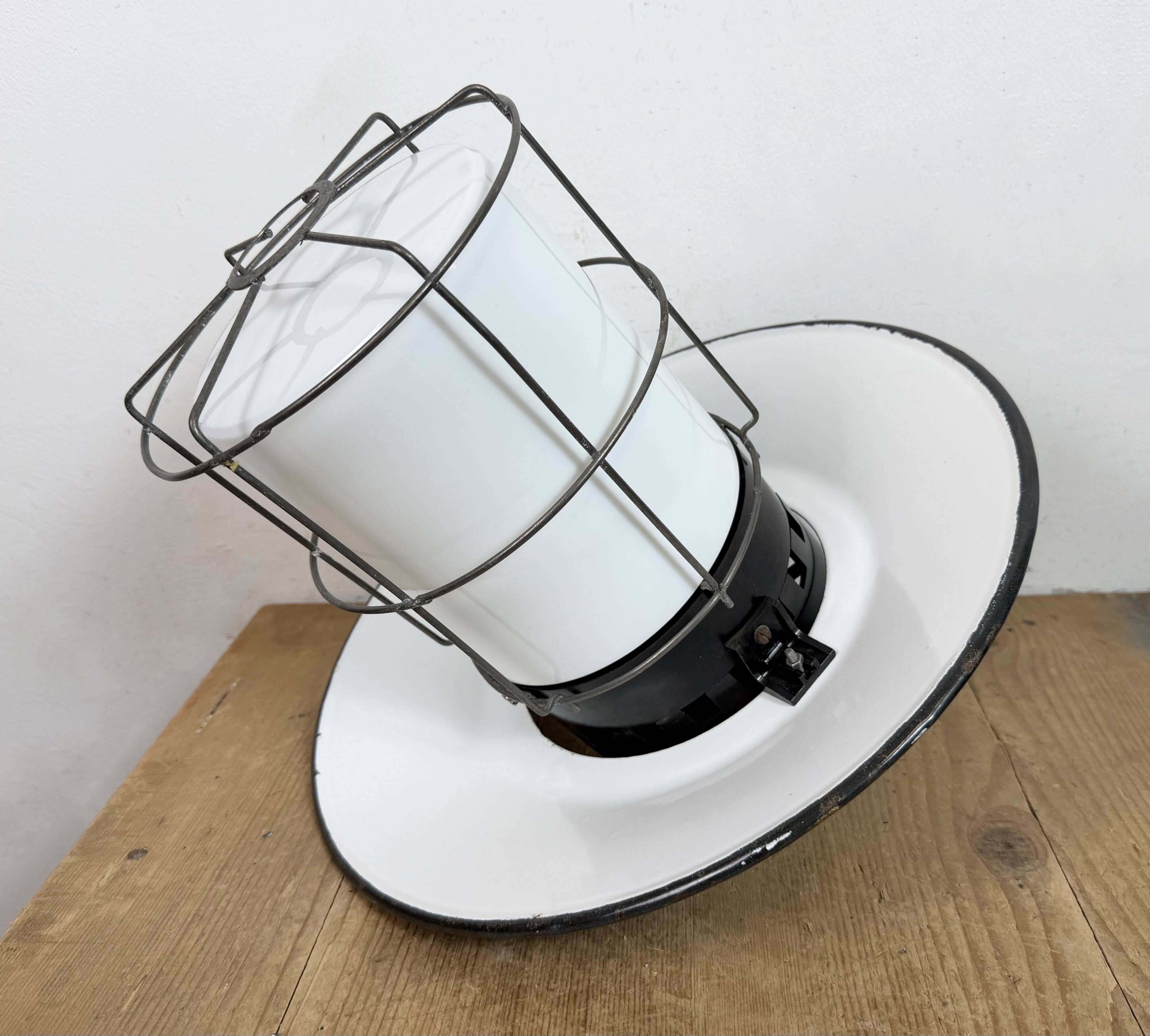 Industrial Grey Enamel Cage Pendant Lamp, 1960s