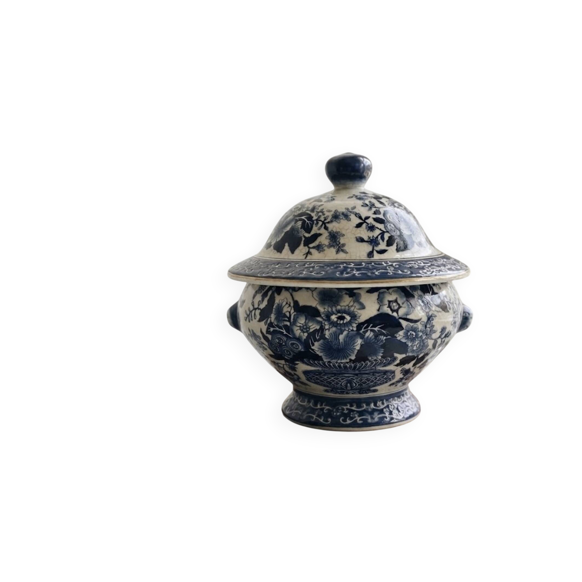 Tureen vintage en porcelaine bleue et blanche avec couvercle / Bol décoratif couvert