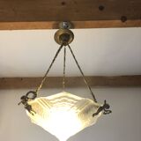 Art Deco Chandelier/Ceiling Light/Cast Glass Pyramid Shape & Angelo Frame