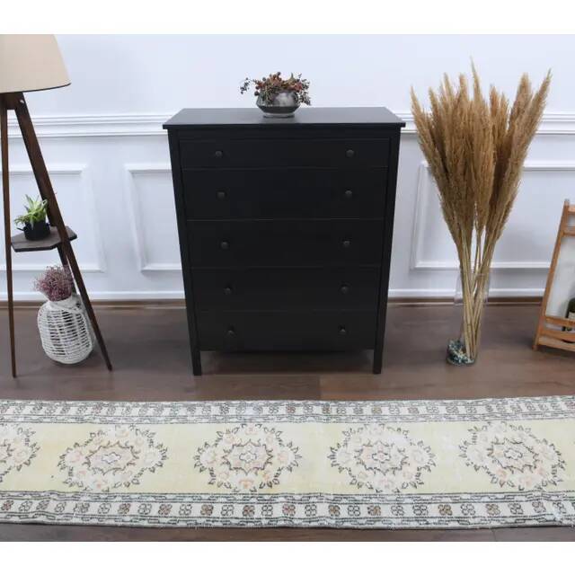 Vintage Turkish Oushak handmade wool cotton yellow runner rug 78x328