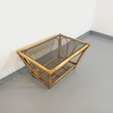 Vintage coffee table in smoked glass and rattan from the 70s
