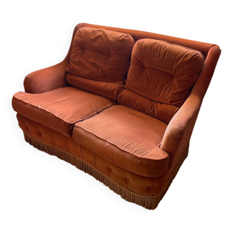 Coral orange velvet 2 seater sofa