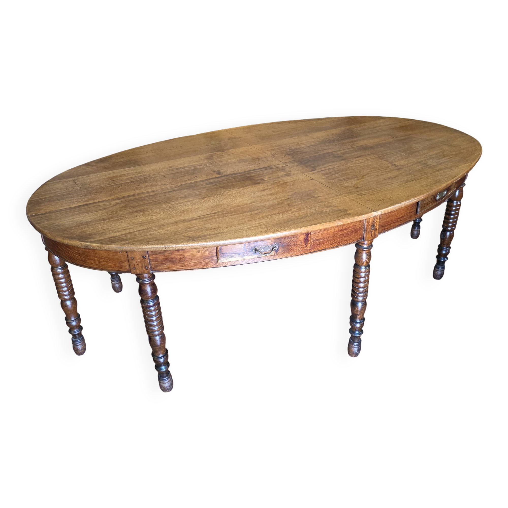 Large oval farmhouse table in solid oak, 19th century, 243 × 153cm