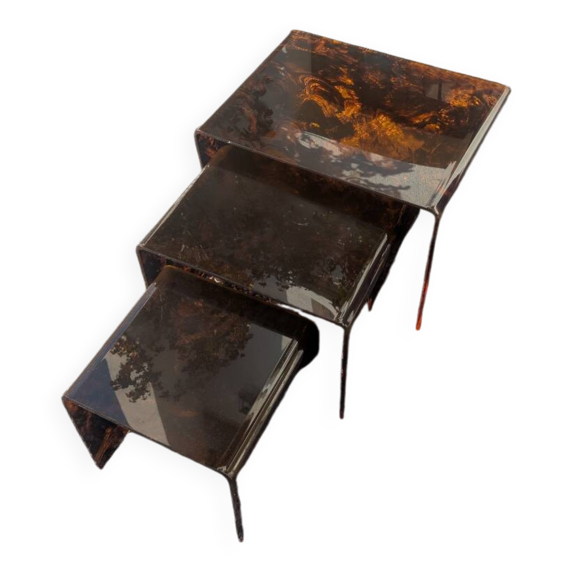 Nesting tables in plexiglass with tortoiseshell pattern from the 1970s.