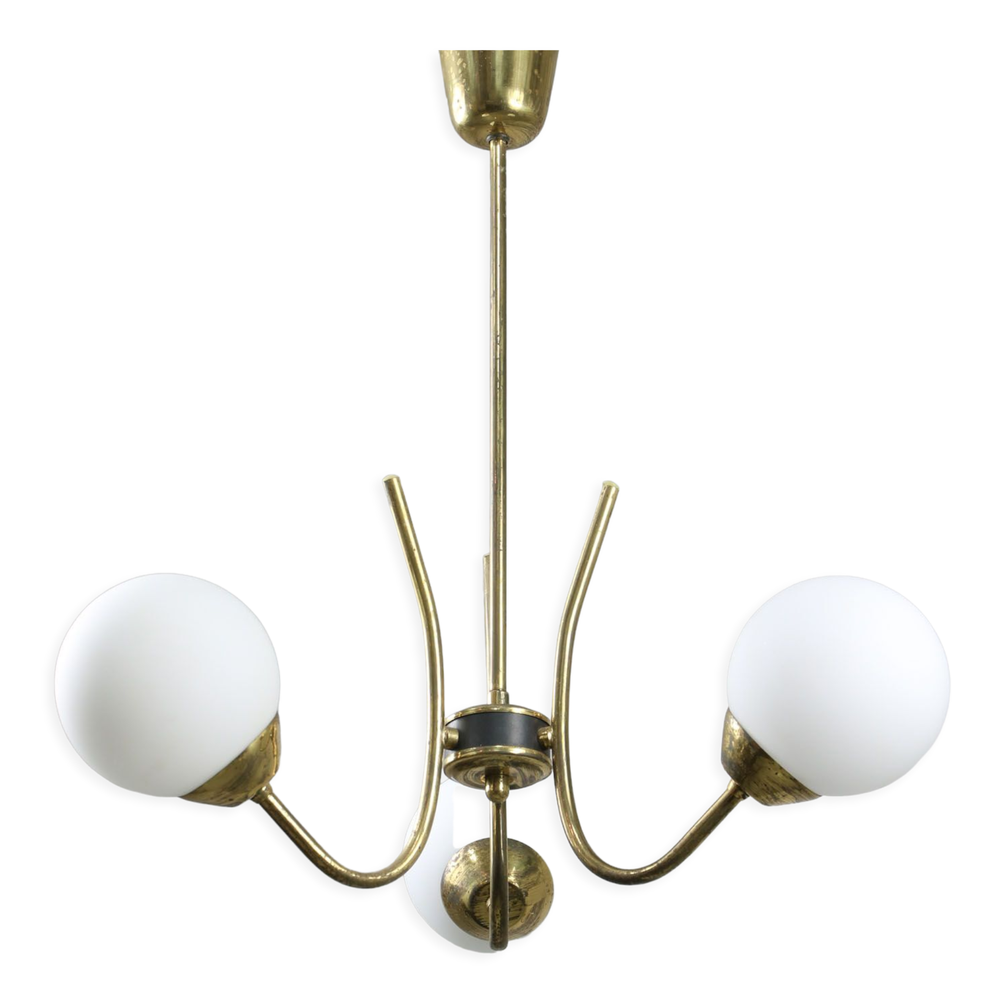 Italian Mid-century Brass and Opaline Glass Chandelier
