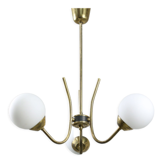 Italian Mid-century Brass and Opaline Glass Chandelier