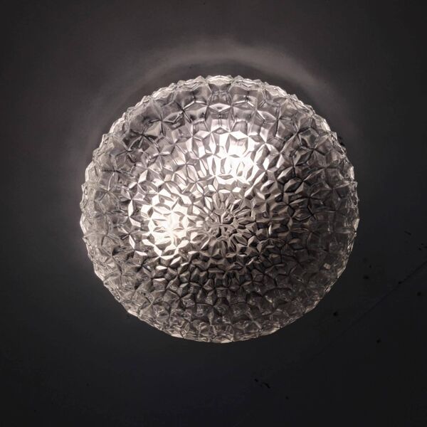 Grand plafonnier rond verre moulé pressé années 70