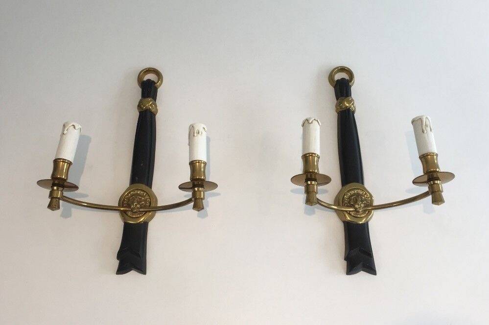 Pair of Black Lacquered Bronze Wall Lights with Lion Head Decorations