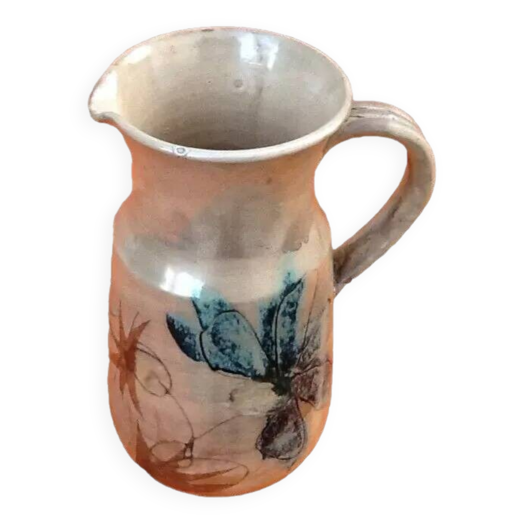 1960s Glazed terracotta pitcher with floral decoration