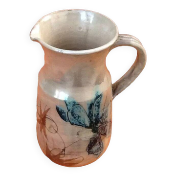 Années 1960  Pichet terre cuite vernissée décor floral