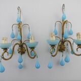 Pair of vintage wall lamps Murano blue opaline tassels