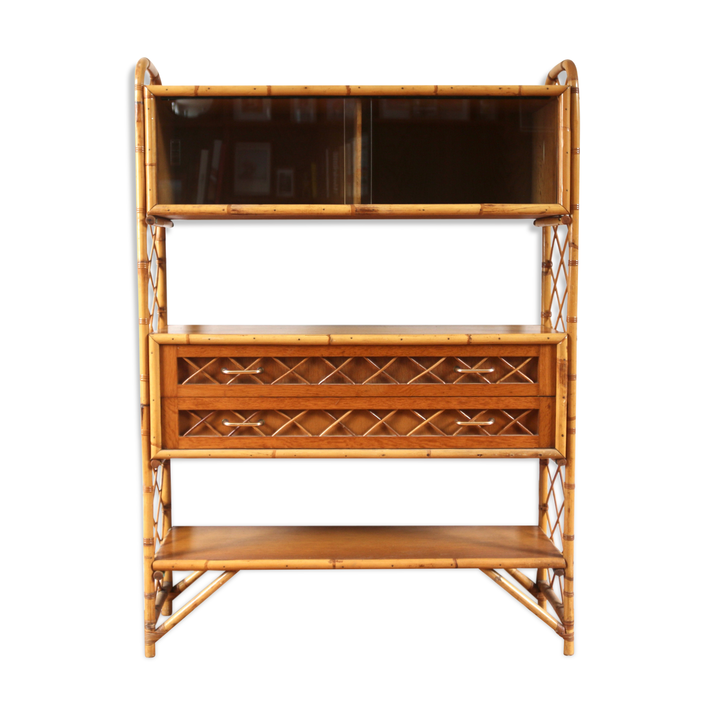 Vintage rattan bookcase Louis Sognot 60s