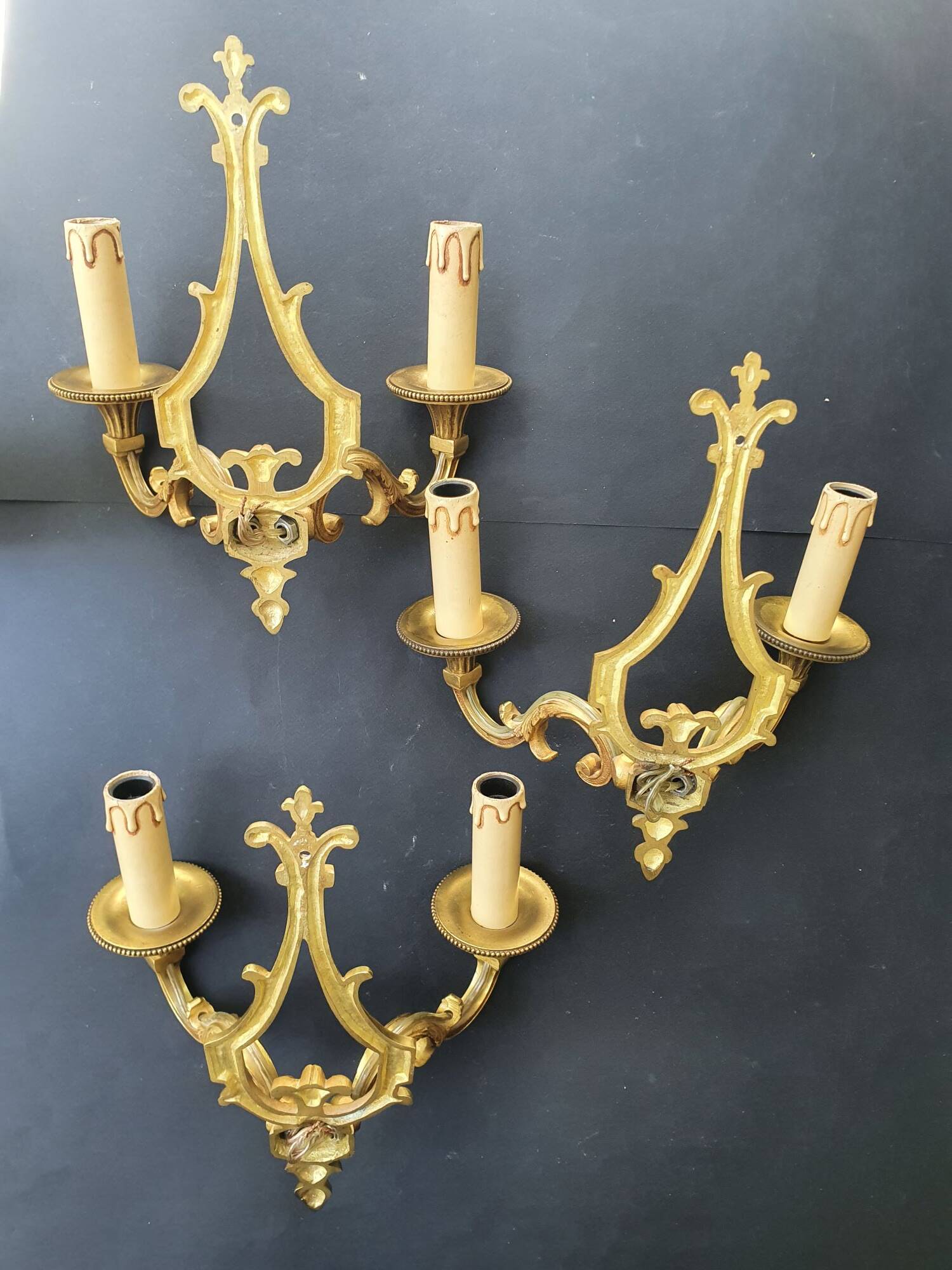 Three Louis XVI bronze wall sconces by Lucien Gau, Paris, antique.