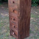 Chiffonnier commode haute bois massif éxotique palissandre 5 tiroirs