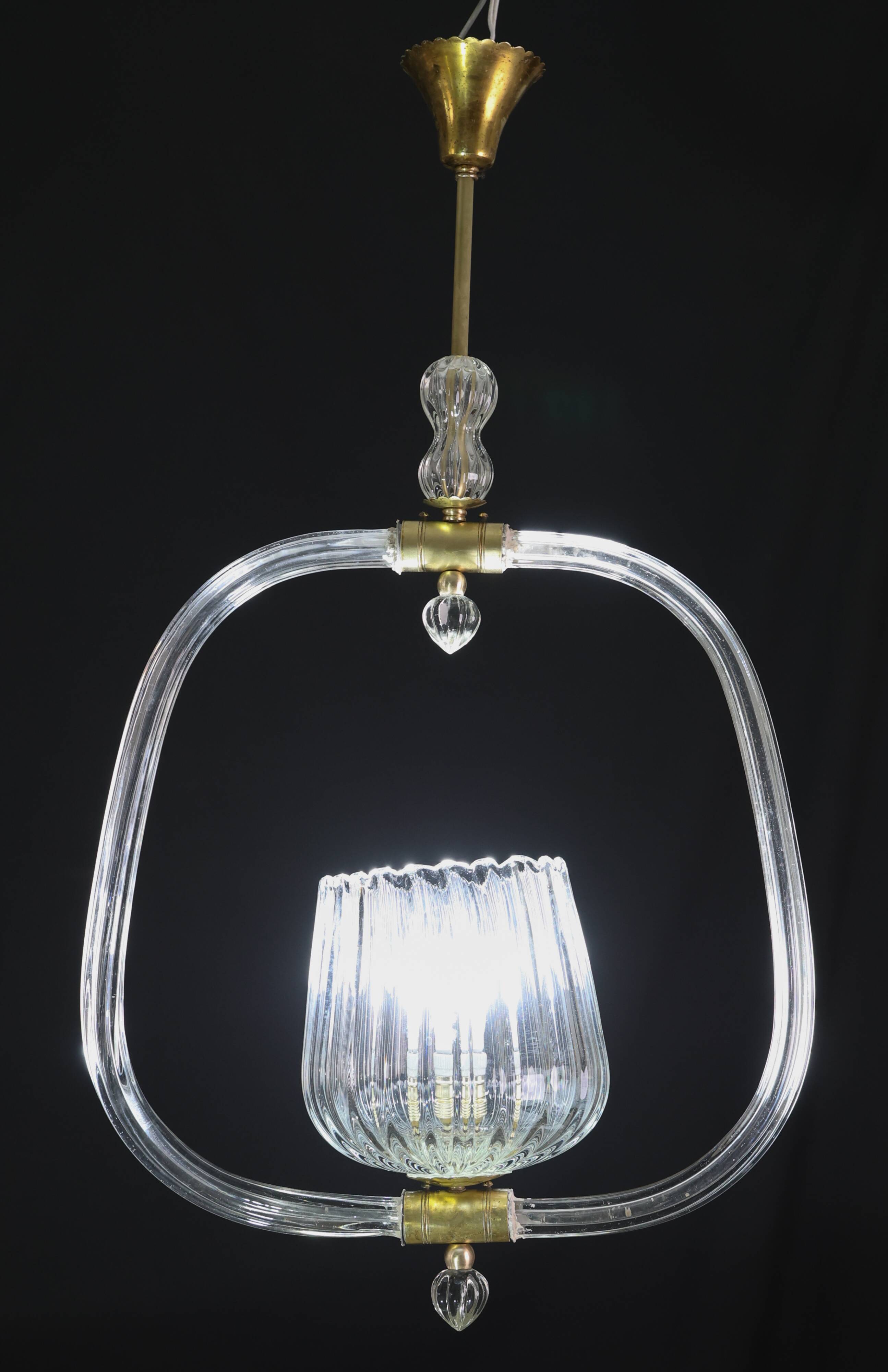 Charming Murano Glass Art Deco Pendant Chandelier by Ercole Barovier, 1940s