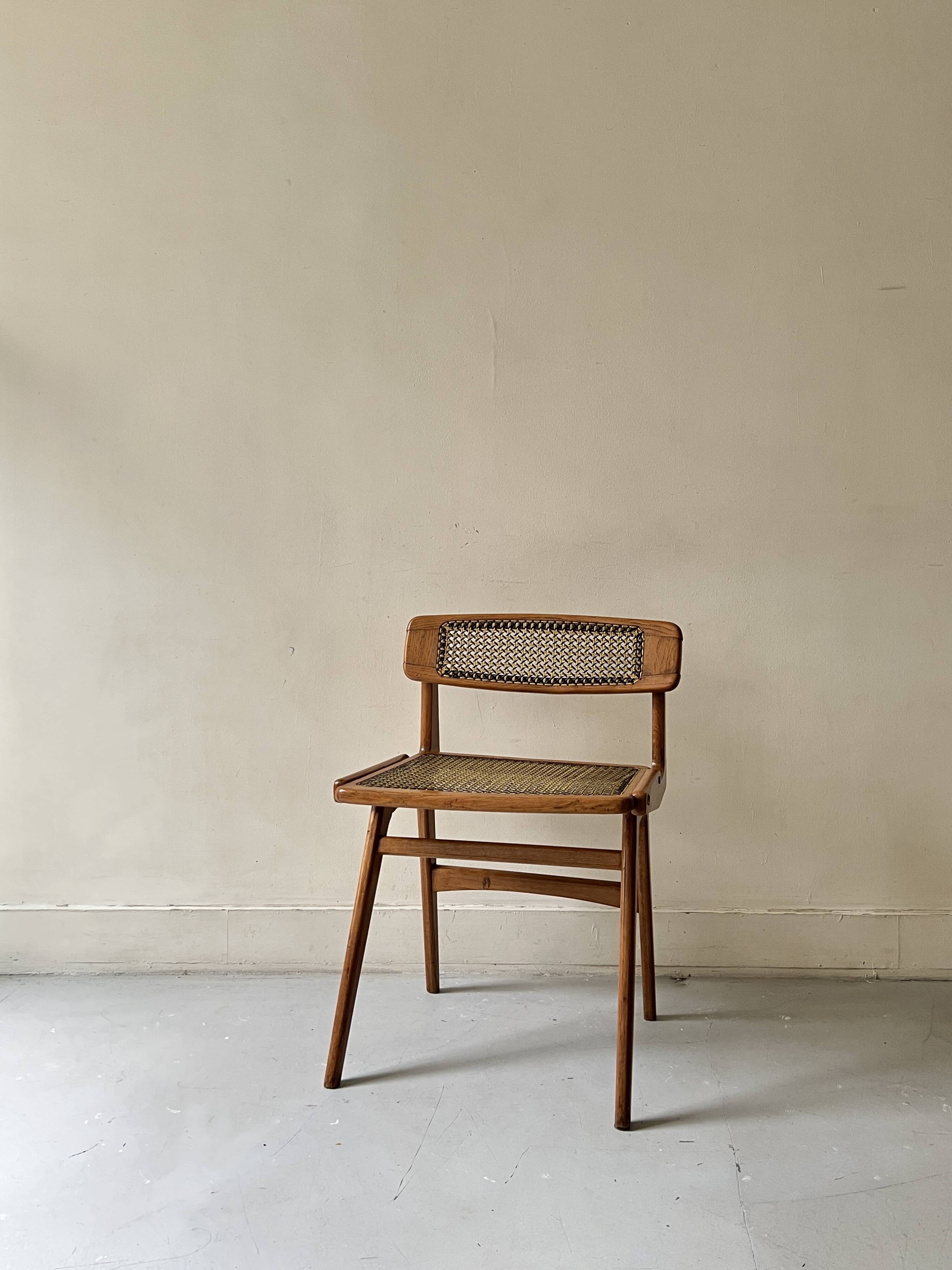 Teak wood and cane chair design, SNA Roset / Landault 1950-60