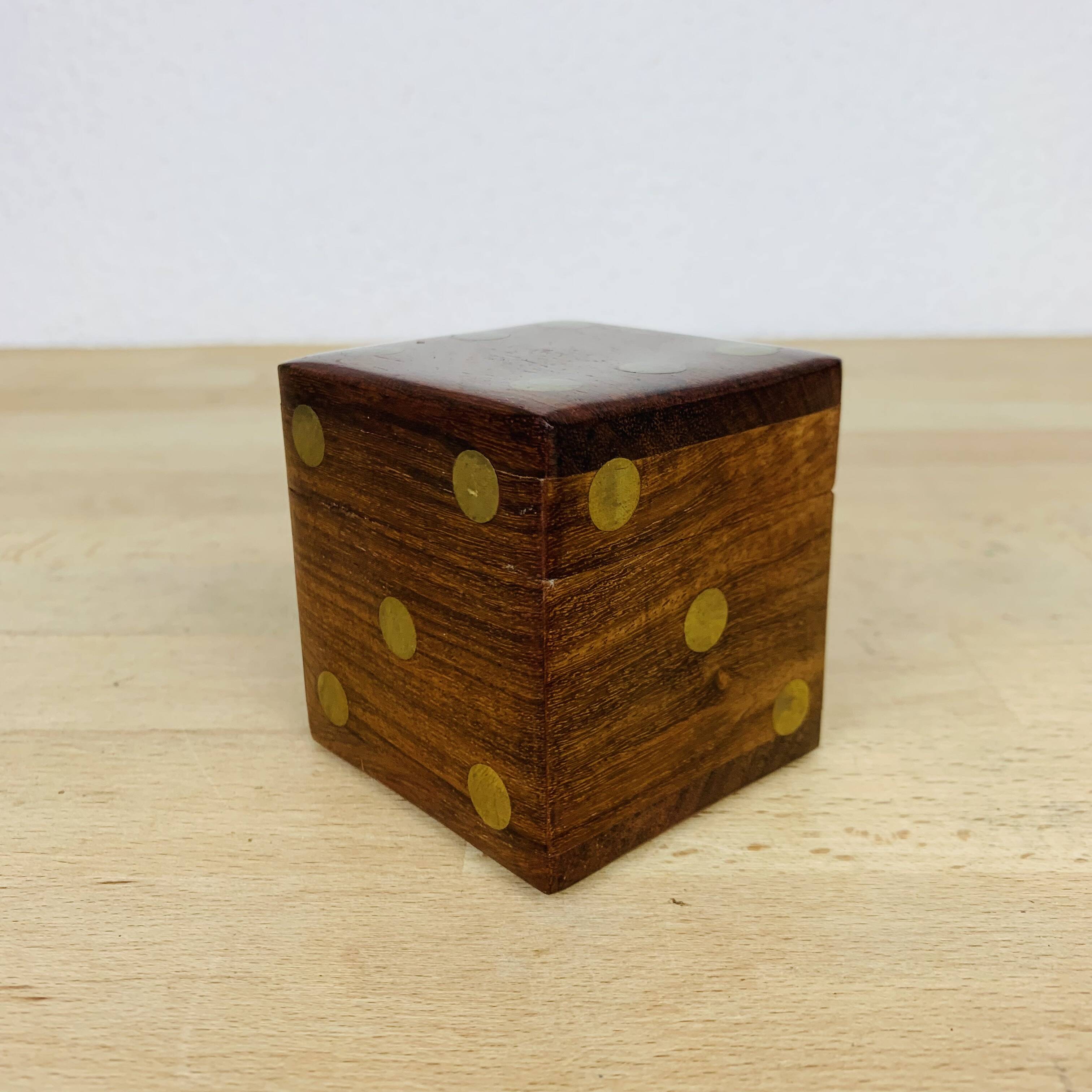 Box with 5 teak and brass dice, vintage
