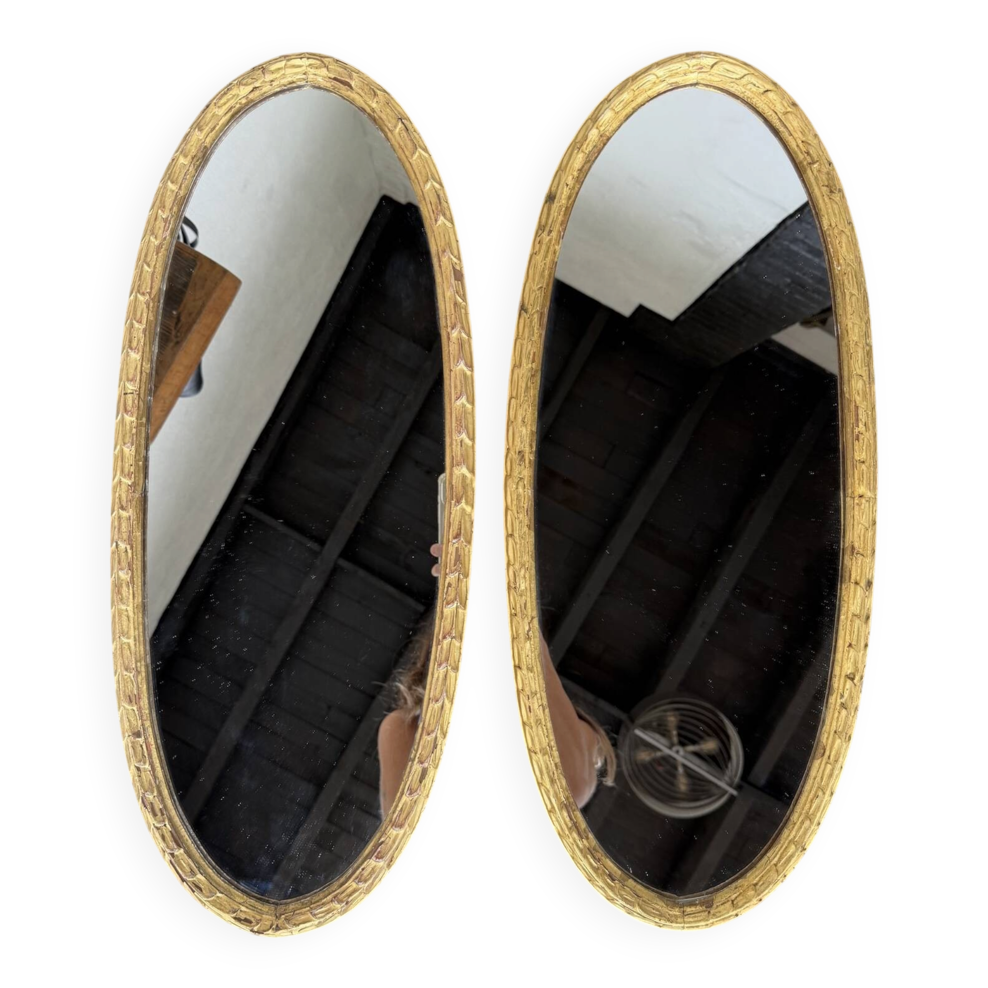 Pair of oval mirrors 1900 gilded stucco