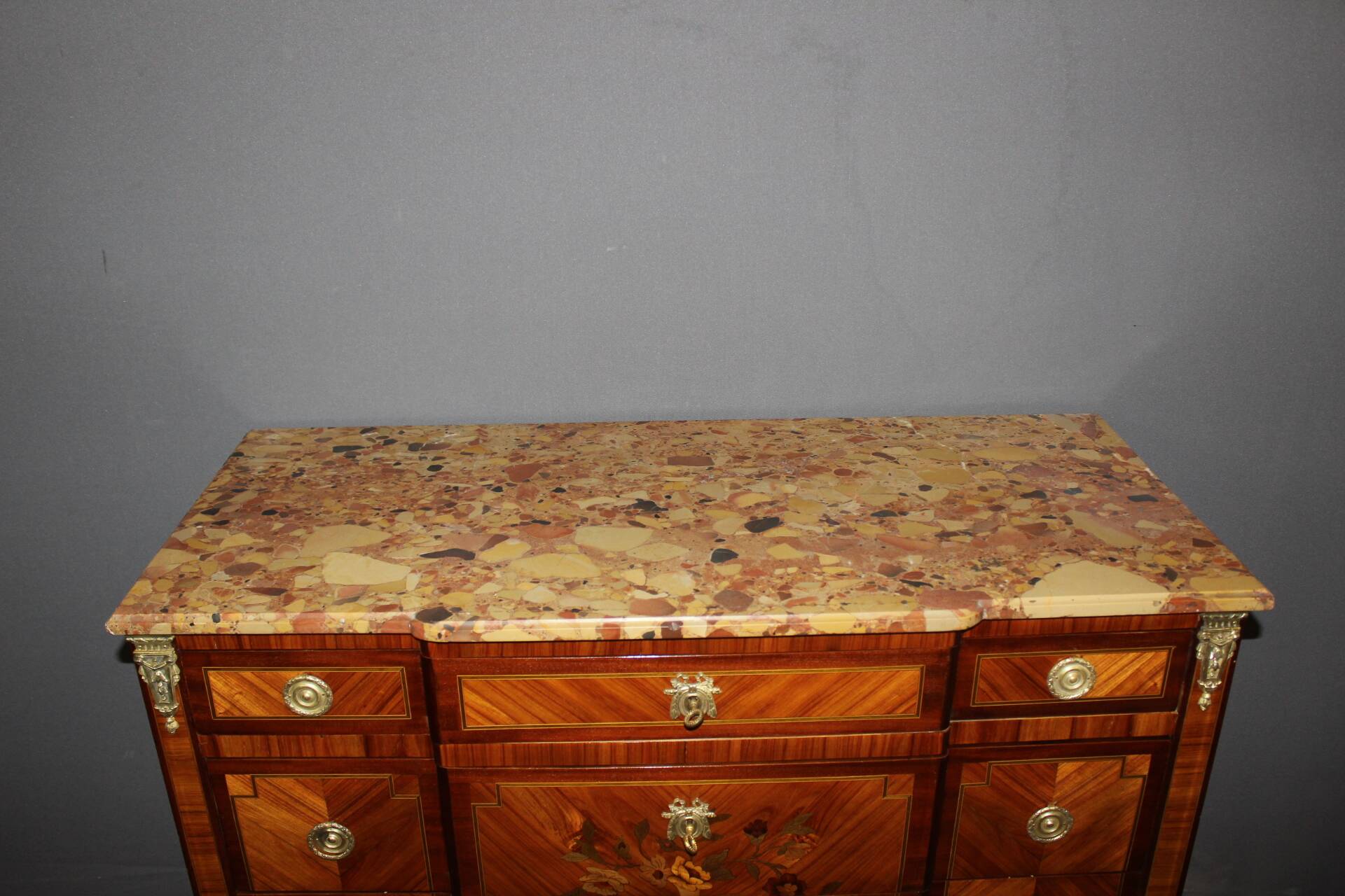 Louis XVI style commode in marquetry from around 1940.