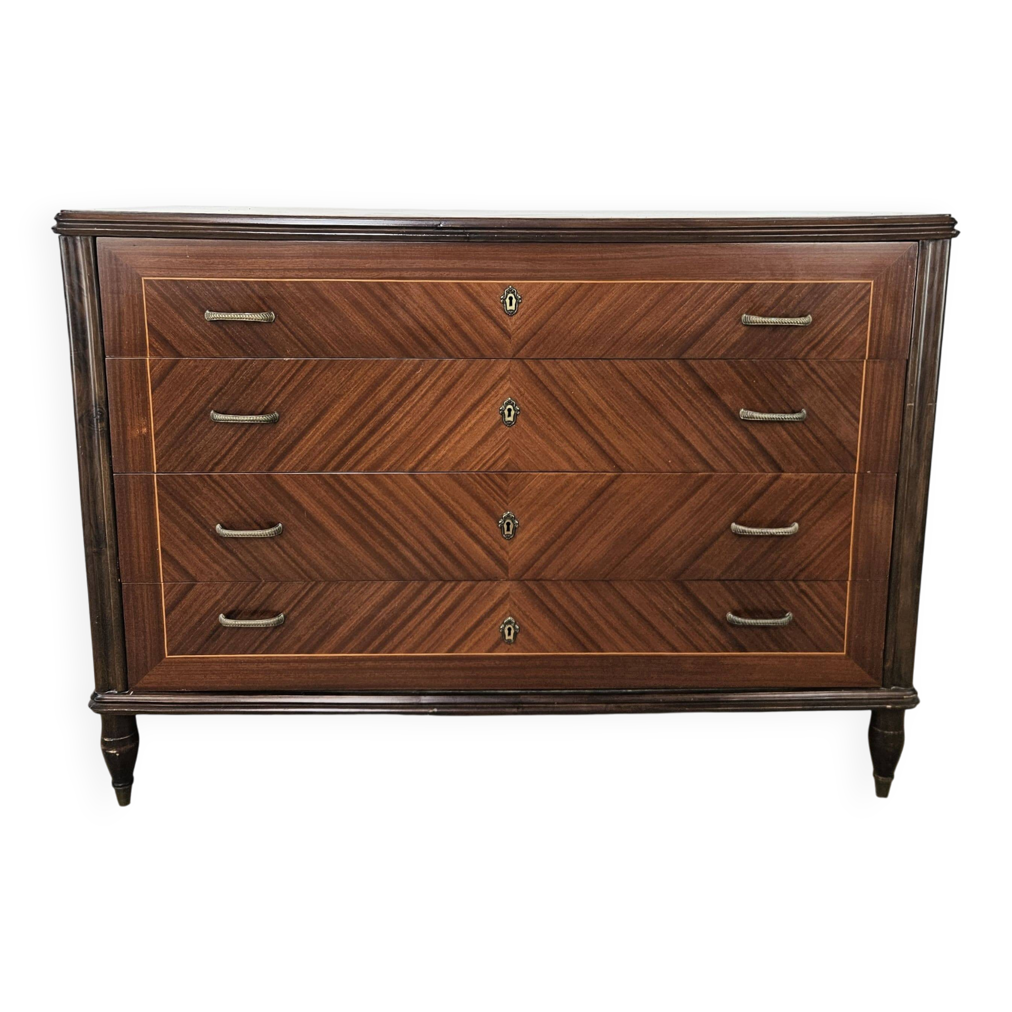 Commode des années 1980 en noyer, palissandre et érable.