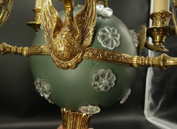 3-light chandelier with swan heads, Empire style - bronze & glass