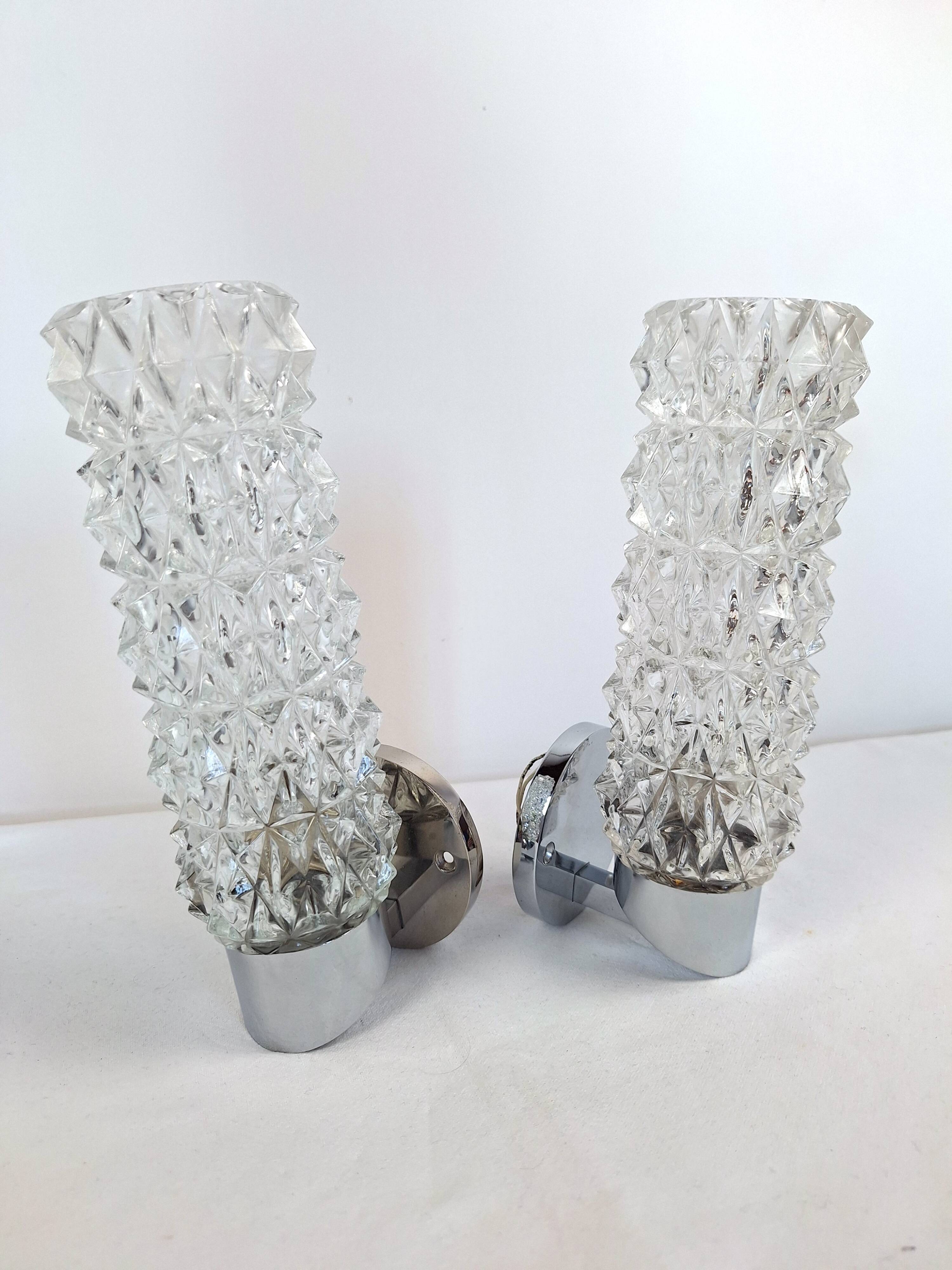 Pair of vintage space age chrome and molded glass wall lights, bedside night light