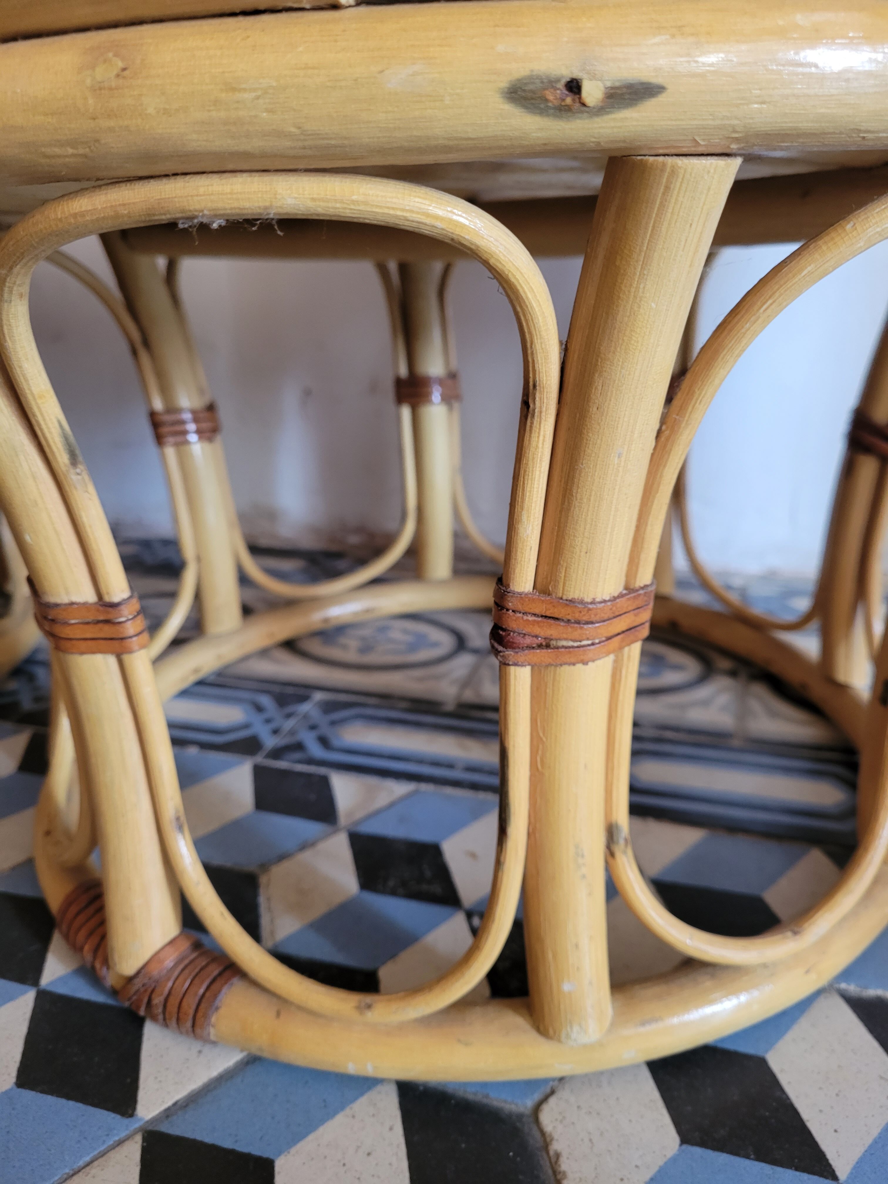 Rattan and leather poufs