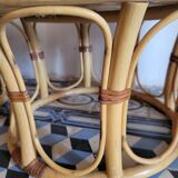 Rattan and leather poufs