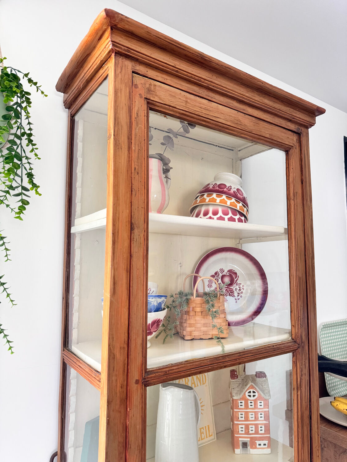 Antique display cabinet, small dresser, antique glass-fronted bookcase.