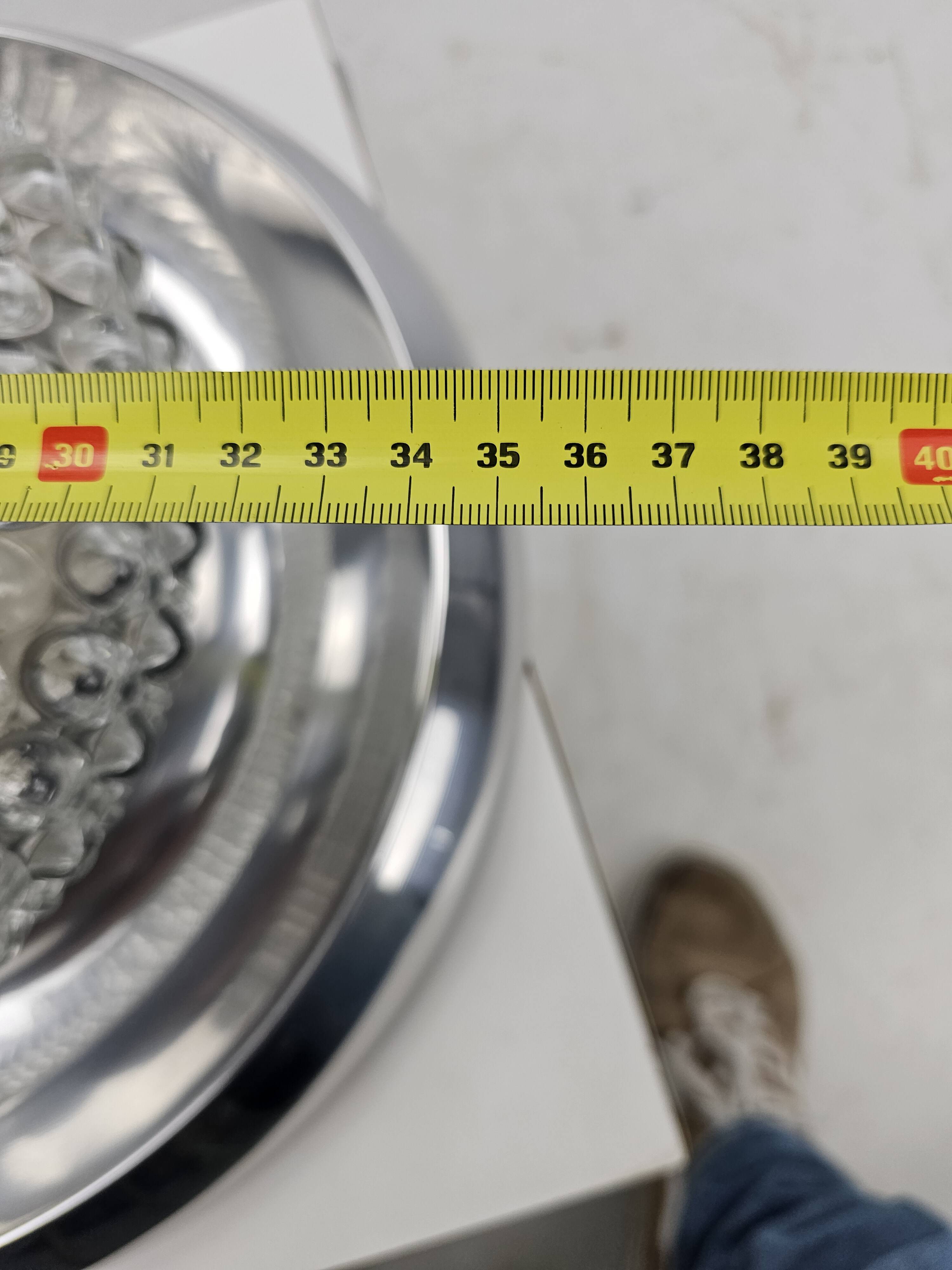 Plafonnier vintage, bague chromée et abat-jour en verre bullé