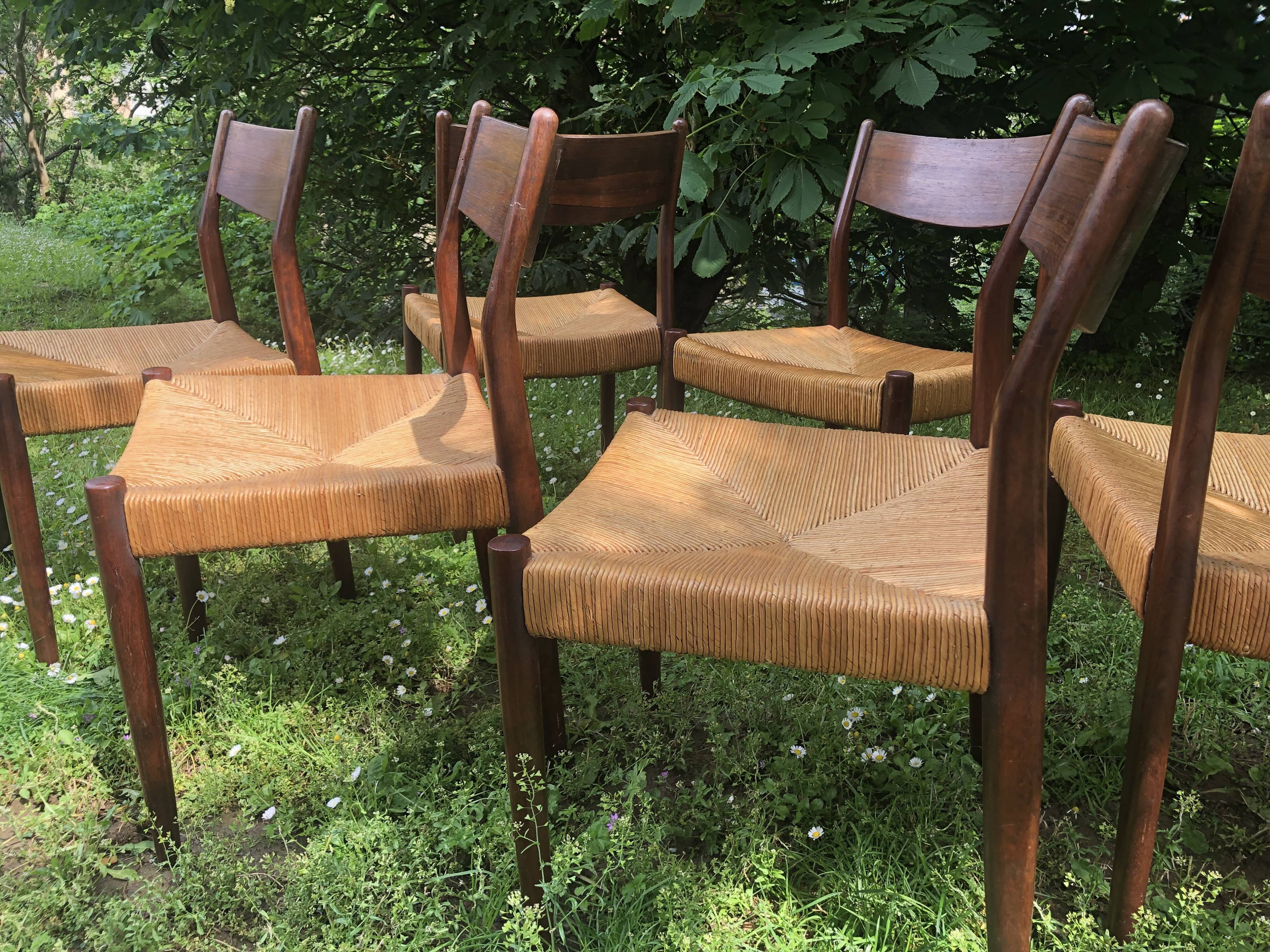 6 wooden and straw chairs, Scandinavian design Cees Braakman for Pastoe, 1960