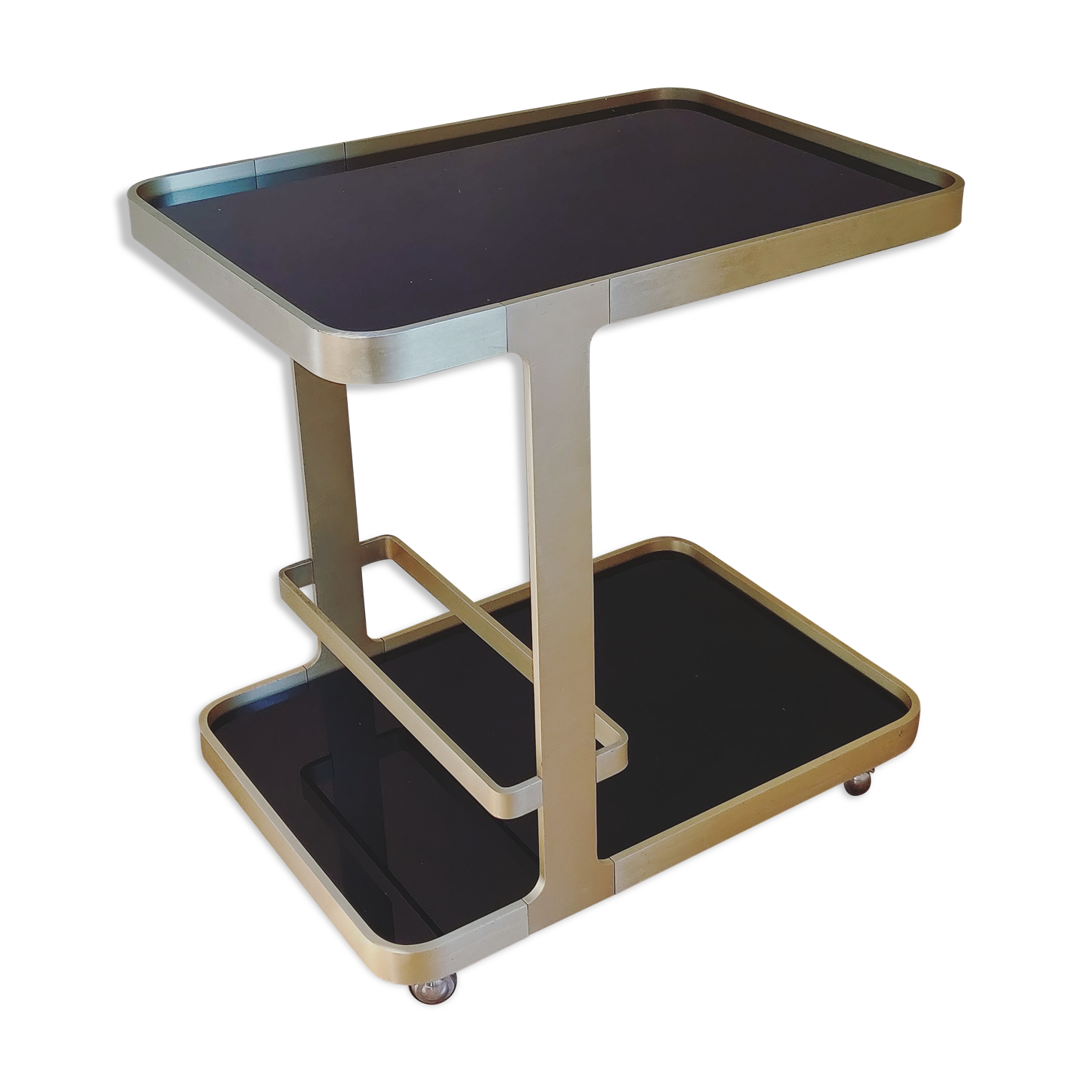 Old brushed and gilded steel dessert, black smoked glass