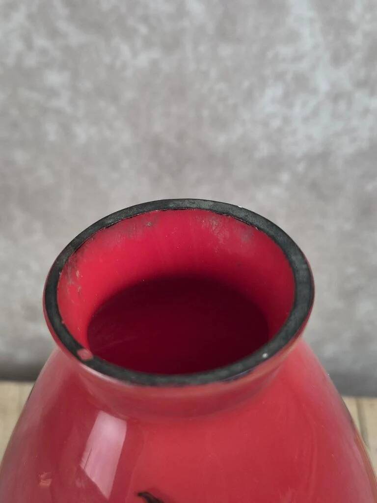 Vintage red glass vase – hand-painted floral decoration – signed Ar