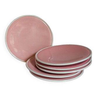 Six old pink earthenware dessert plates
