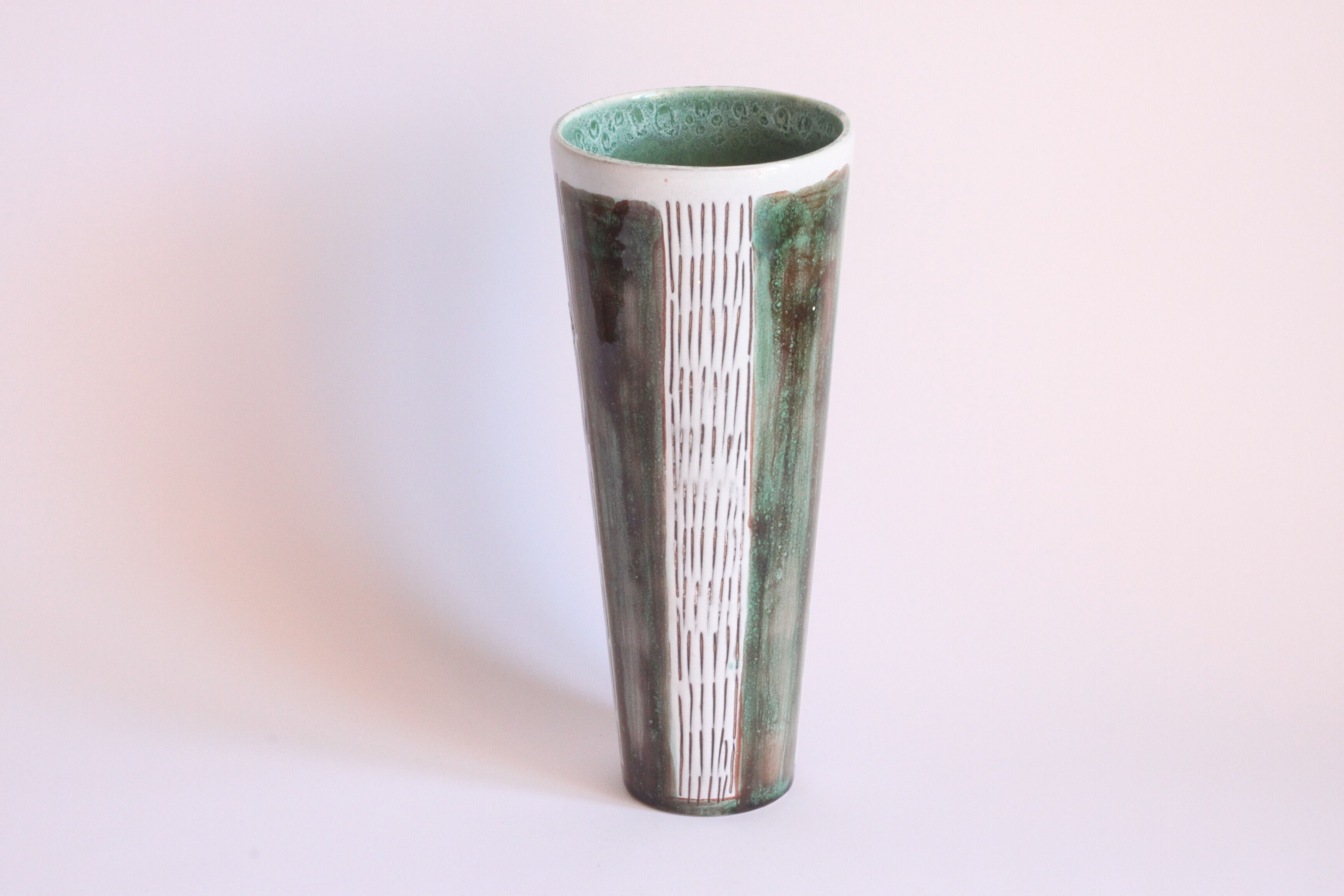 Striped green vase by Faiencerie Thulin, Belgium 1950s.