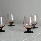 6 vintage translucent pink glasses with black stems