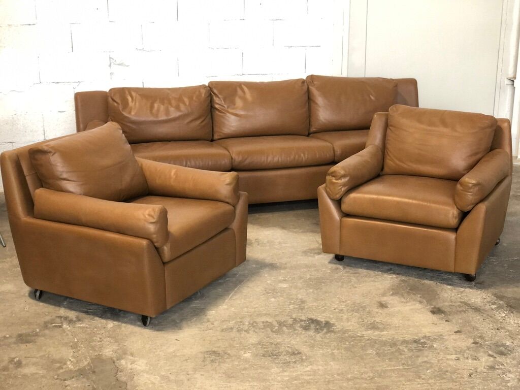 Vintage leather living room set by Edelhard Harlis for Mobilier International, California 1955