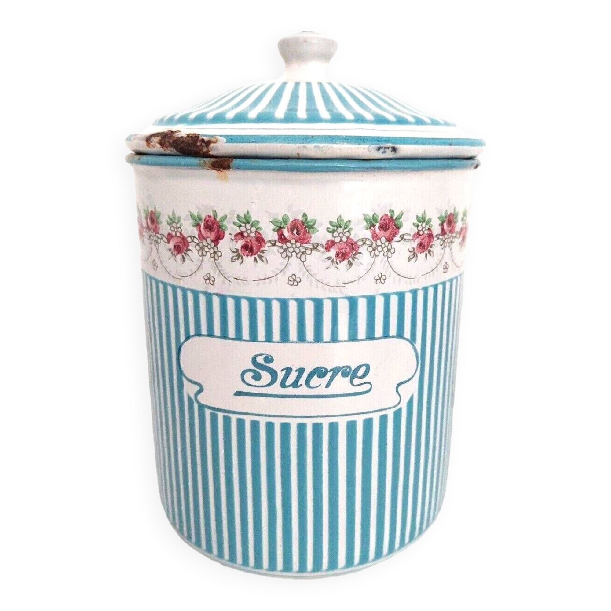 Old Spice Pot SUCRE in blue and white enamelled sheet metal with stripes + a garland of roses