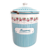 Old Spice Pot SUCRE in blue and white enamelled sheet metal with stripes + a garland of roses