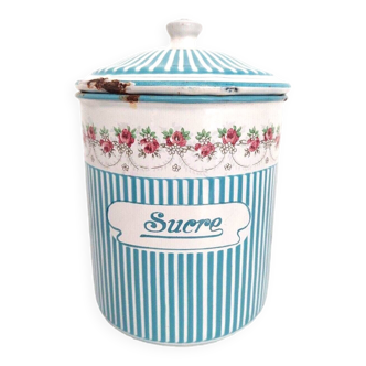 Old Spice Pot SUCRE in blue and white enamelled sheet metal with stripes + a garland of roses