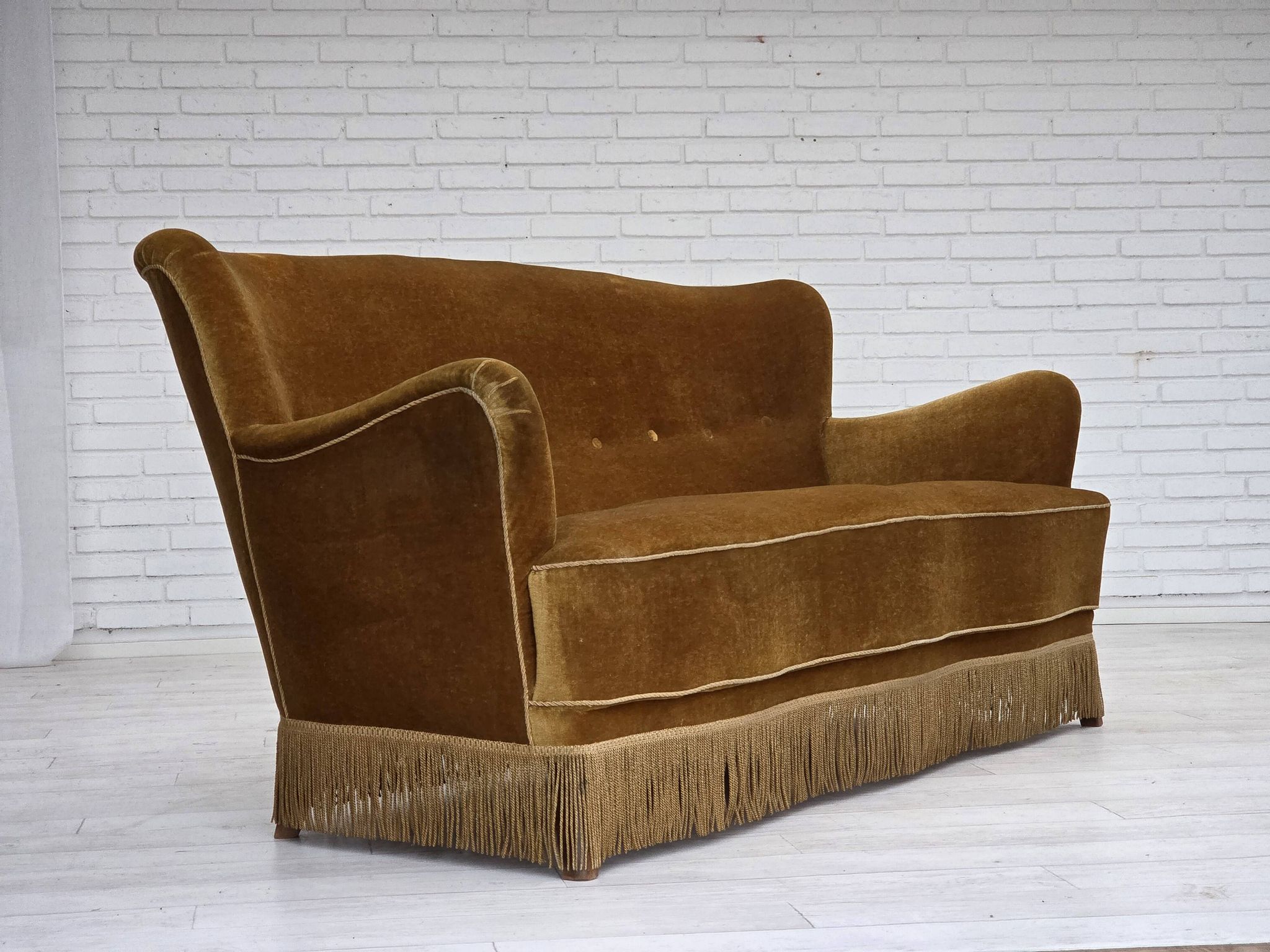 1960s, Danish 3-seater sofa, honey-yellow furniture velour, beech wood.